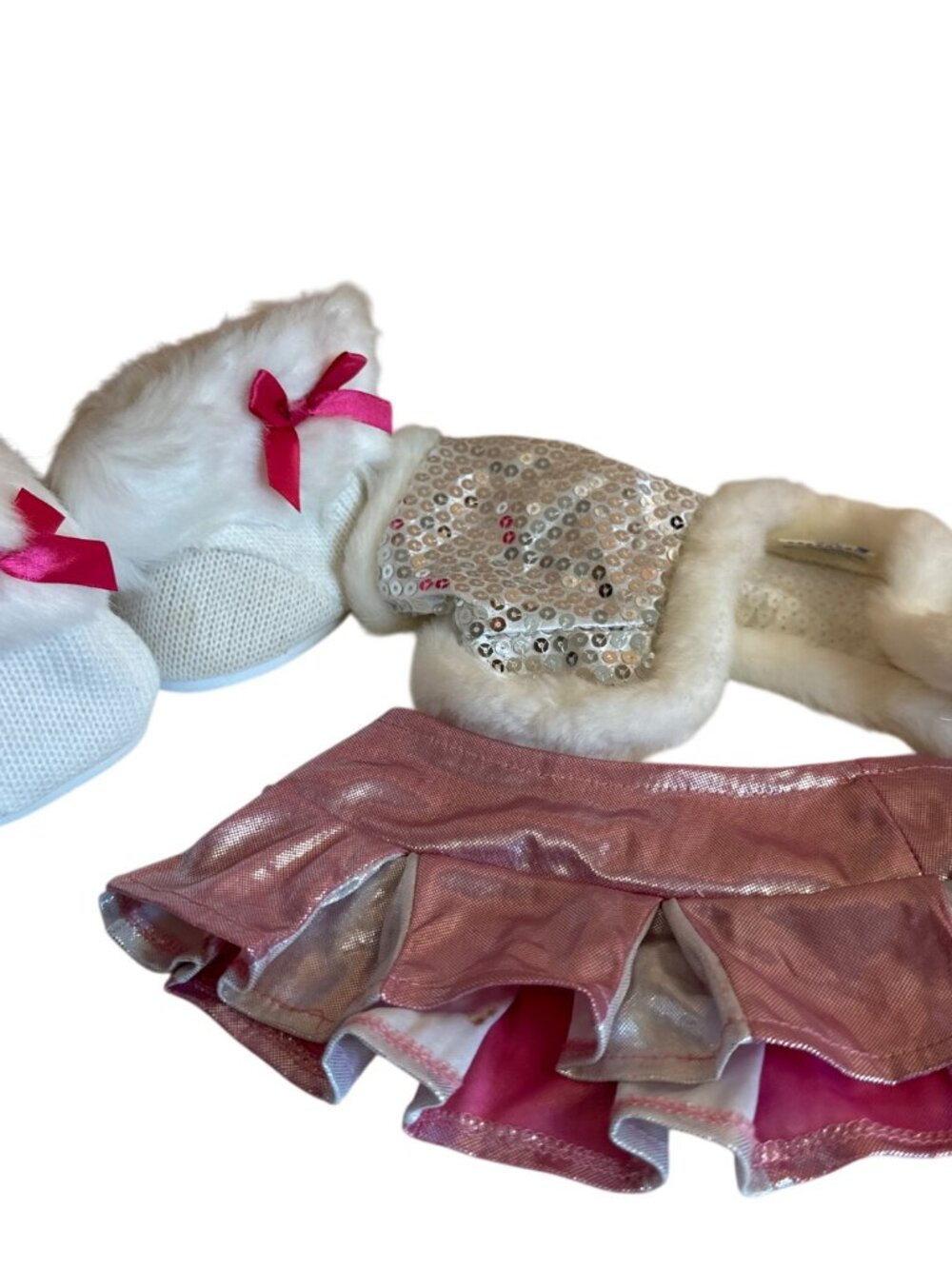 Build-A-Bear Workshop Pink Metallic Skirt White Fur Cape Shoes Set Outfit